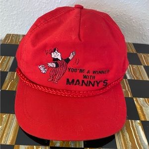 Red “You’re a winner with Mannys” Vintage SnapBack hat with leather strap